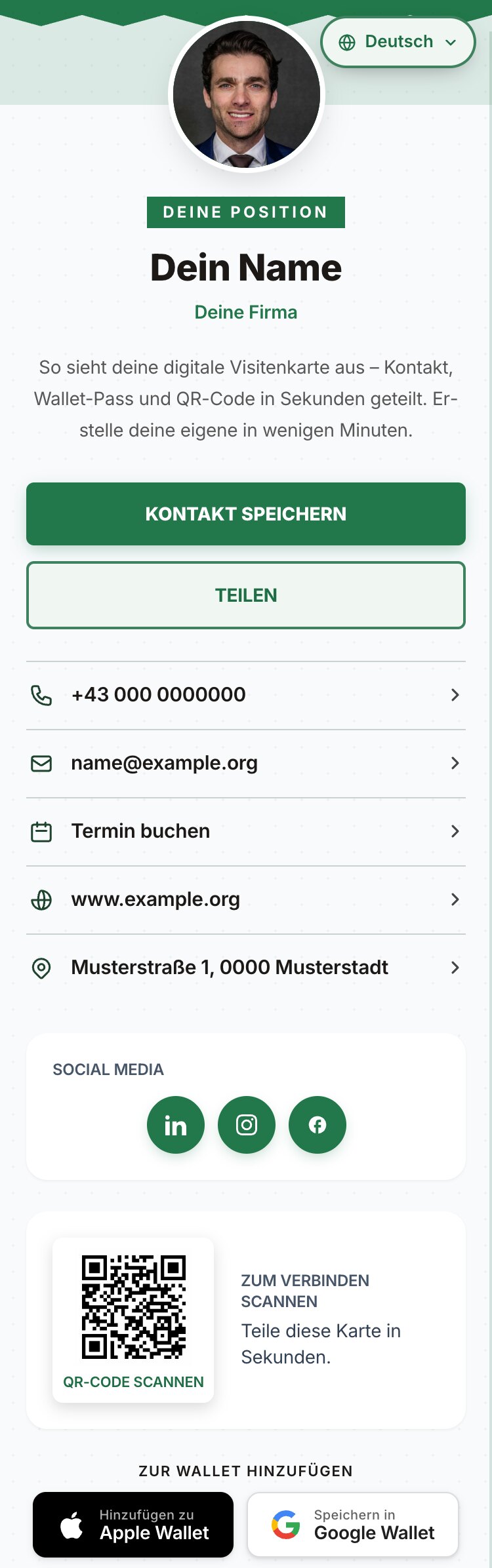 Beispiel einer digitalen FalconCard-Visitenkarte mit Foto, Kontaktdaten, QR-Code und Apple/Google-Wallet-Pass